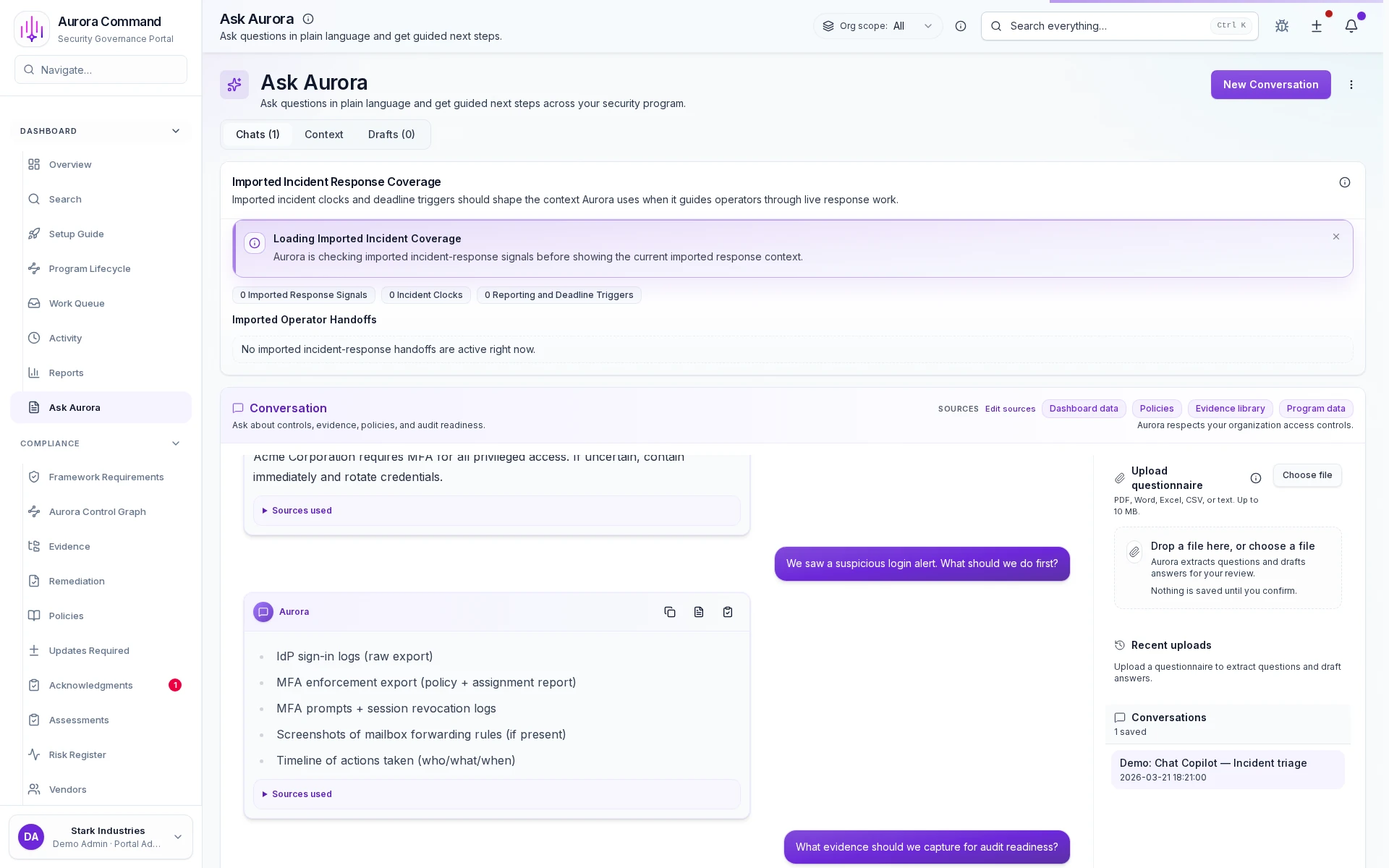 Aurora Copilot showing cited drafting with source-backed responses.