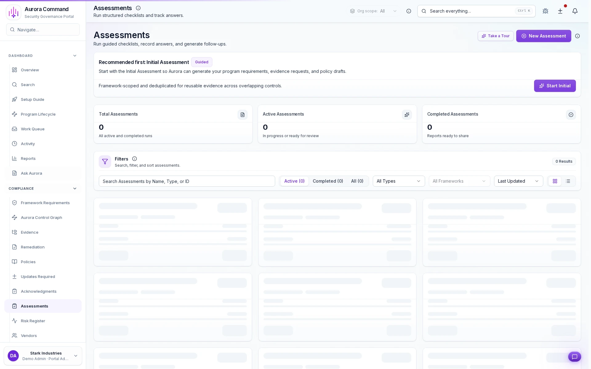 Aurora assessments workspace showing live review status, evidence links, and owner accountability.