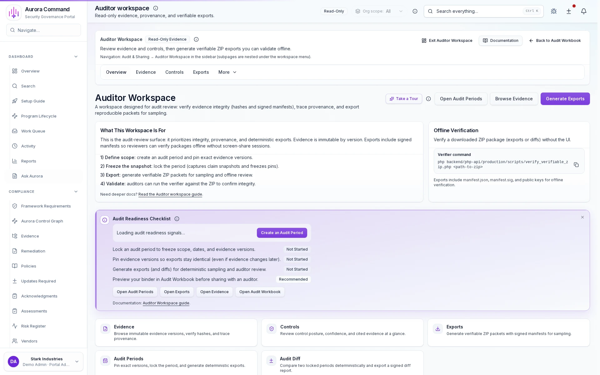 Aurora auditor workspace showing review windows, exports, and evidence navigation.