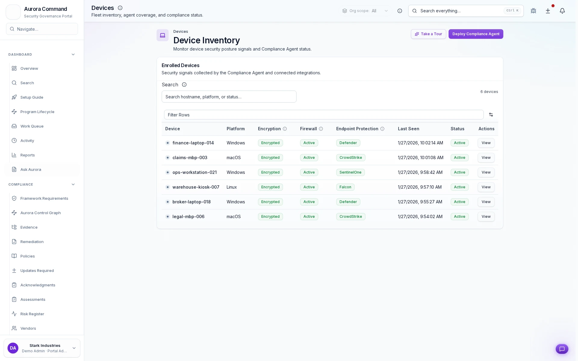 Aurora Command device inventory with agent deployment status and compliance checks