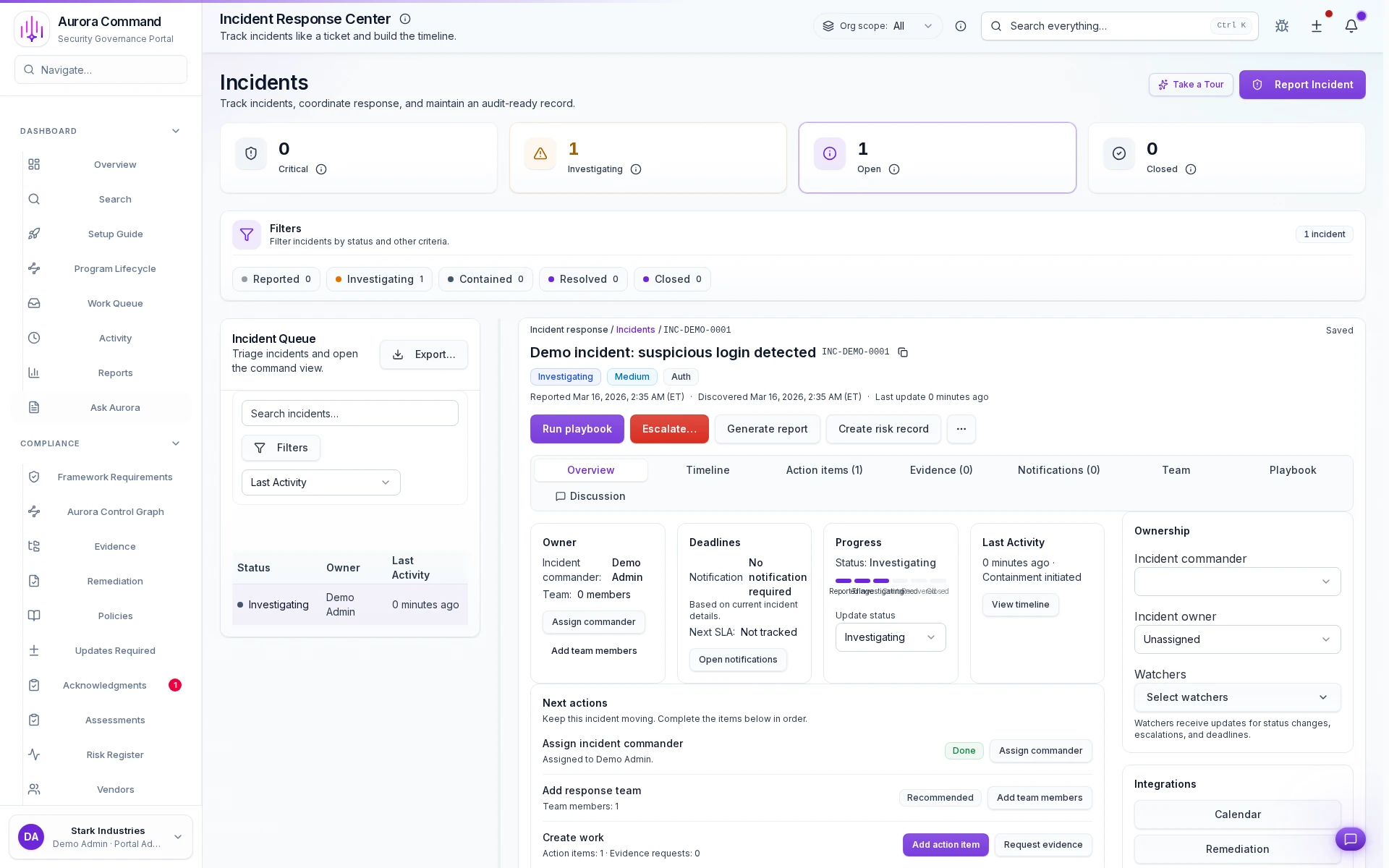 Aurora Command incident response with severity indicators and SLA timers
