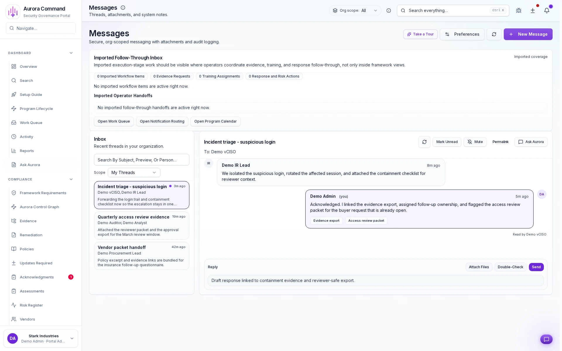 Aurora messaging workspace showing campaign status, delivery history, and response tracking.