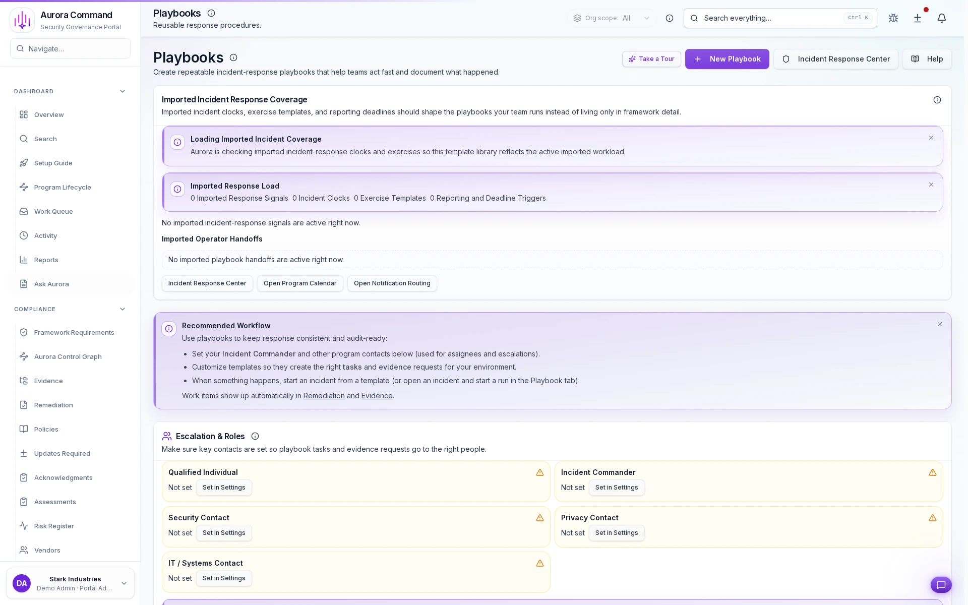 Aurora Command playbook library with templates and response procedures