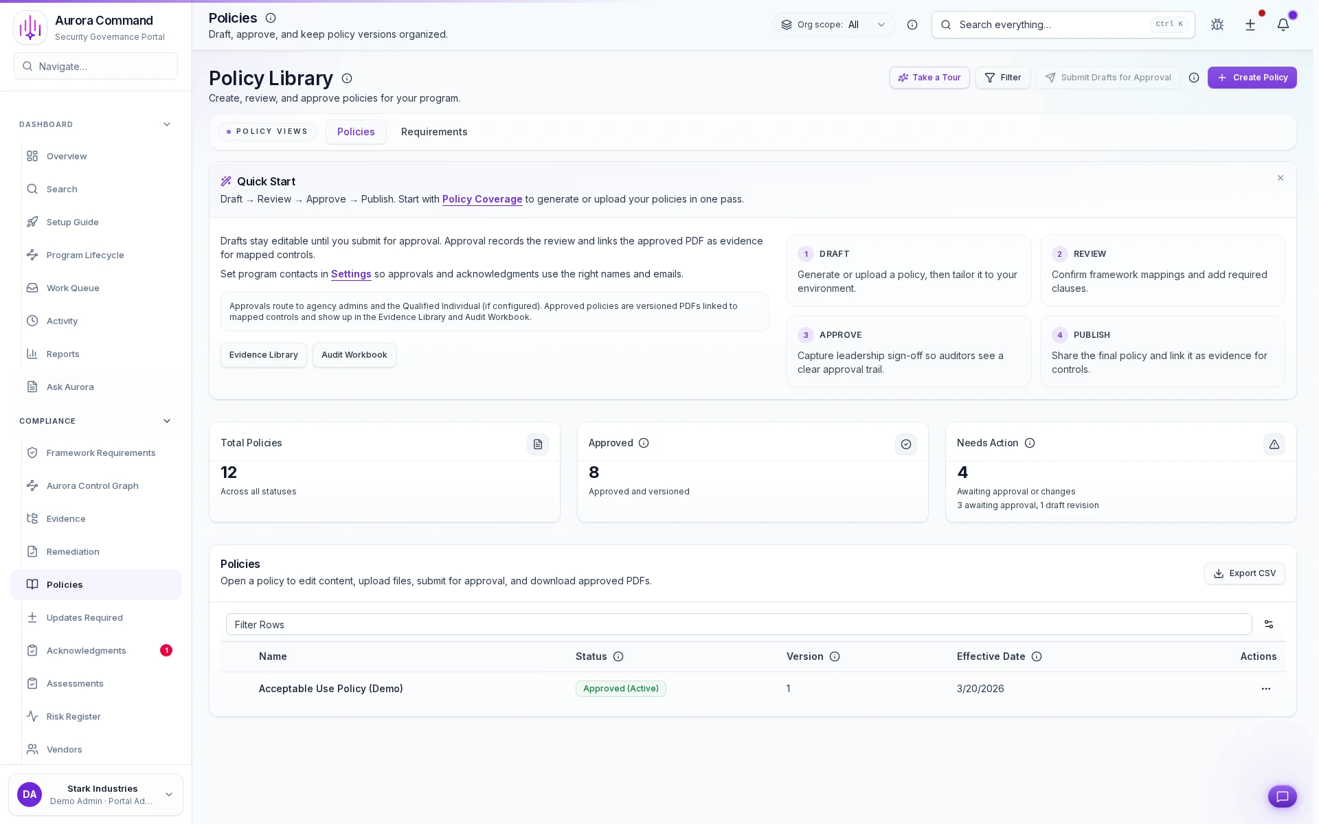 Aurora Command policy library with versioned policies, owners, and review status