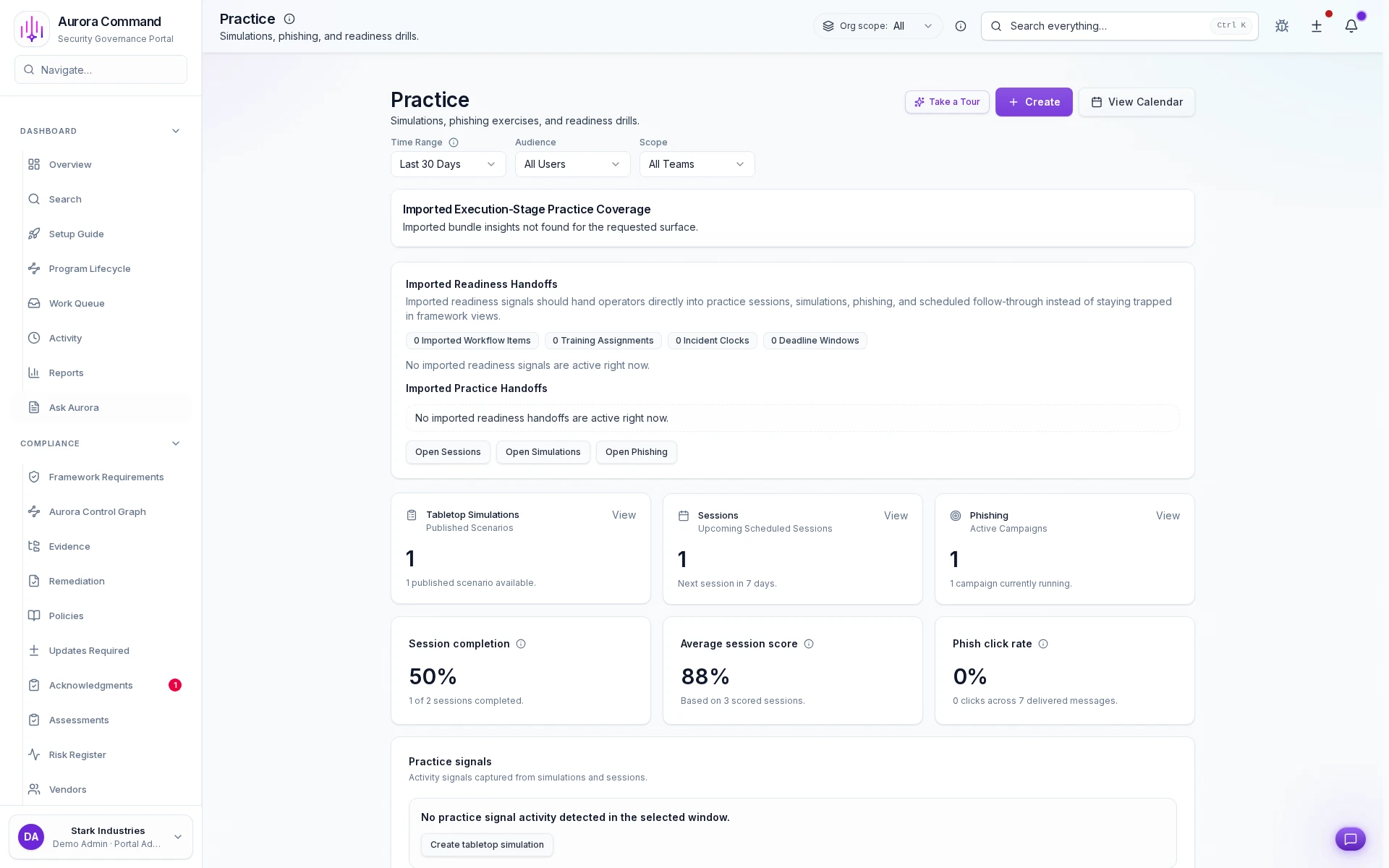 Aurora governance workspace showing CMMC practice mapping, open gaps, and linked control evidence.