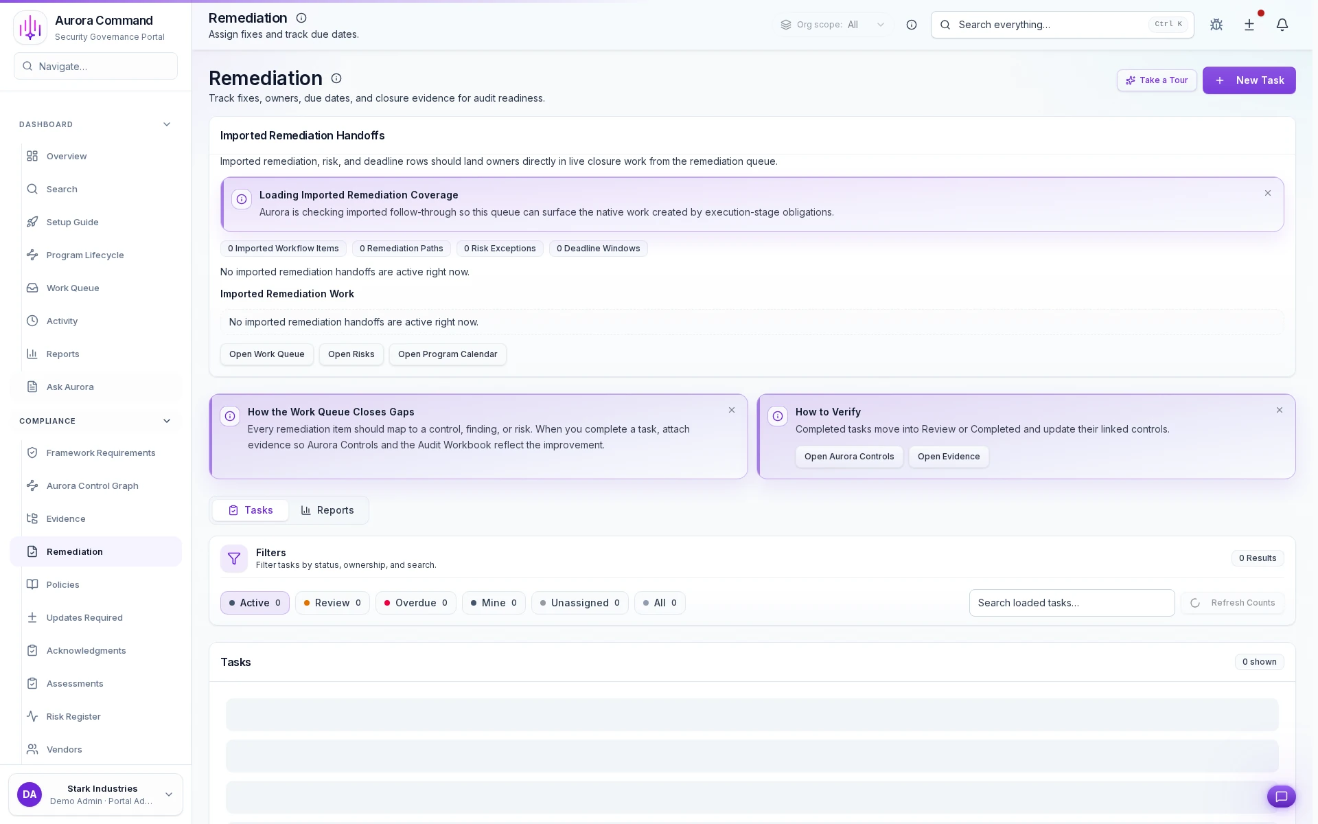 Aurora remediation workspace showing risks, assigned owners, due dates, and tracked follow-through.