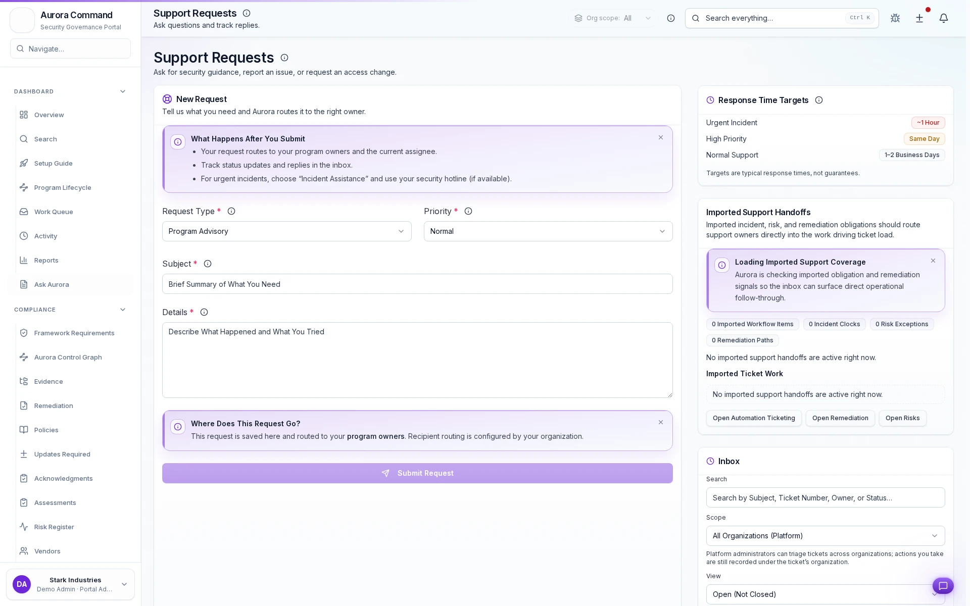 Aurora request queue showing intake, assignment, and request state.