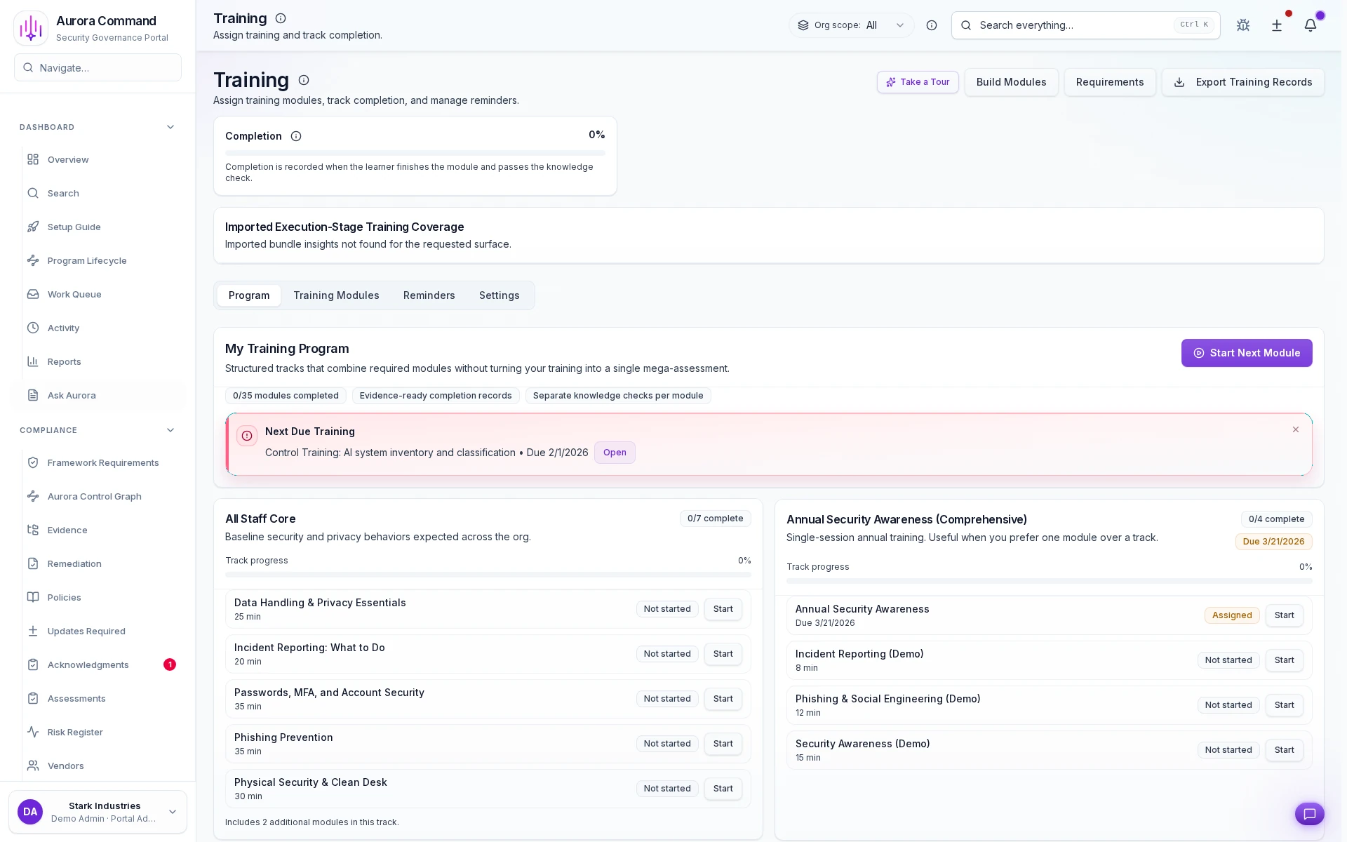 Aurora training workspace showing assignments, completion, and attestation records.