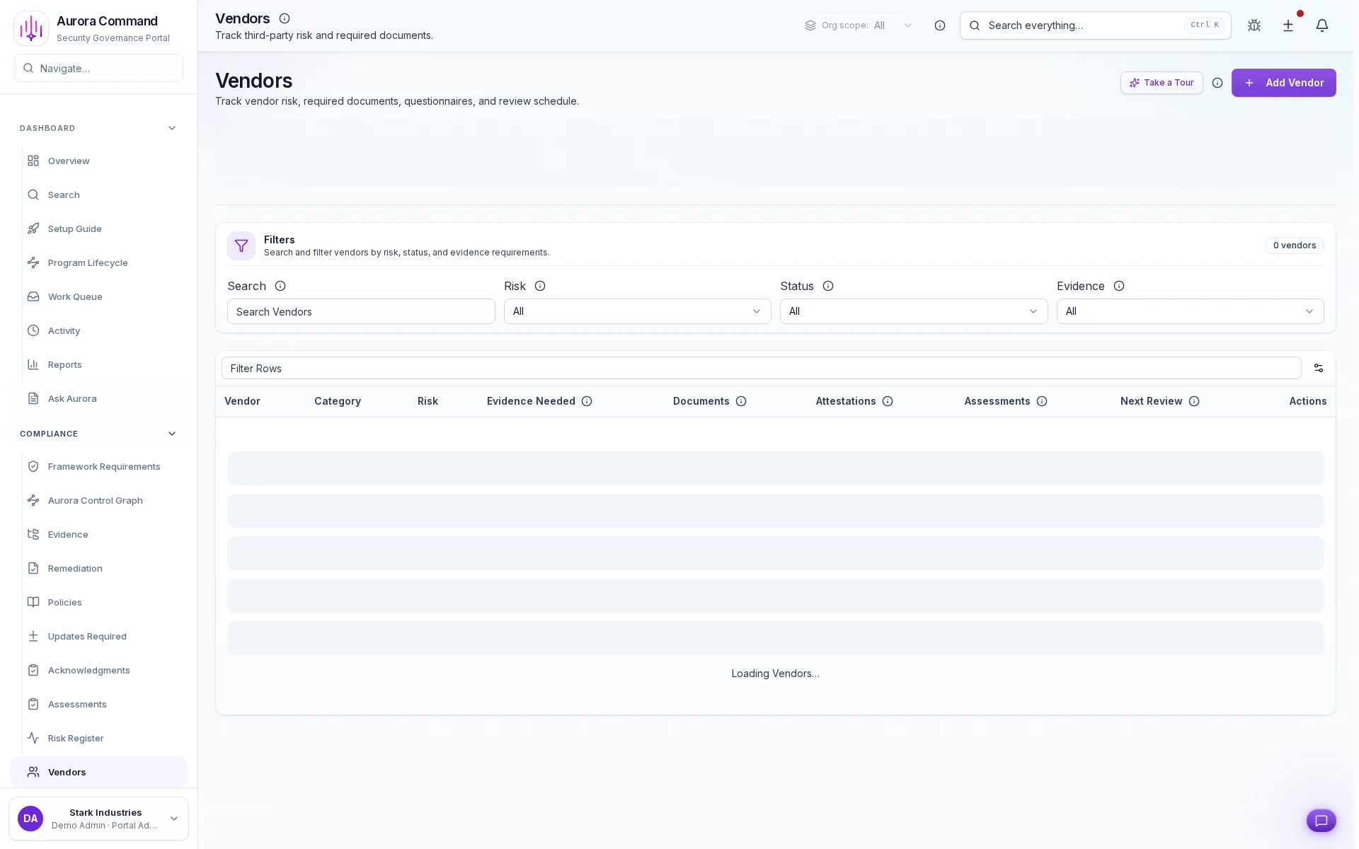 Aurora vendor risk workspace showing due diligence status, evidence, and follow-up actions.