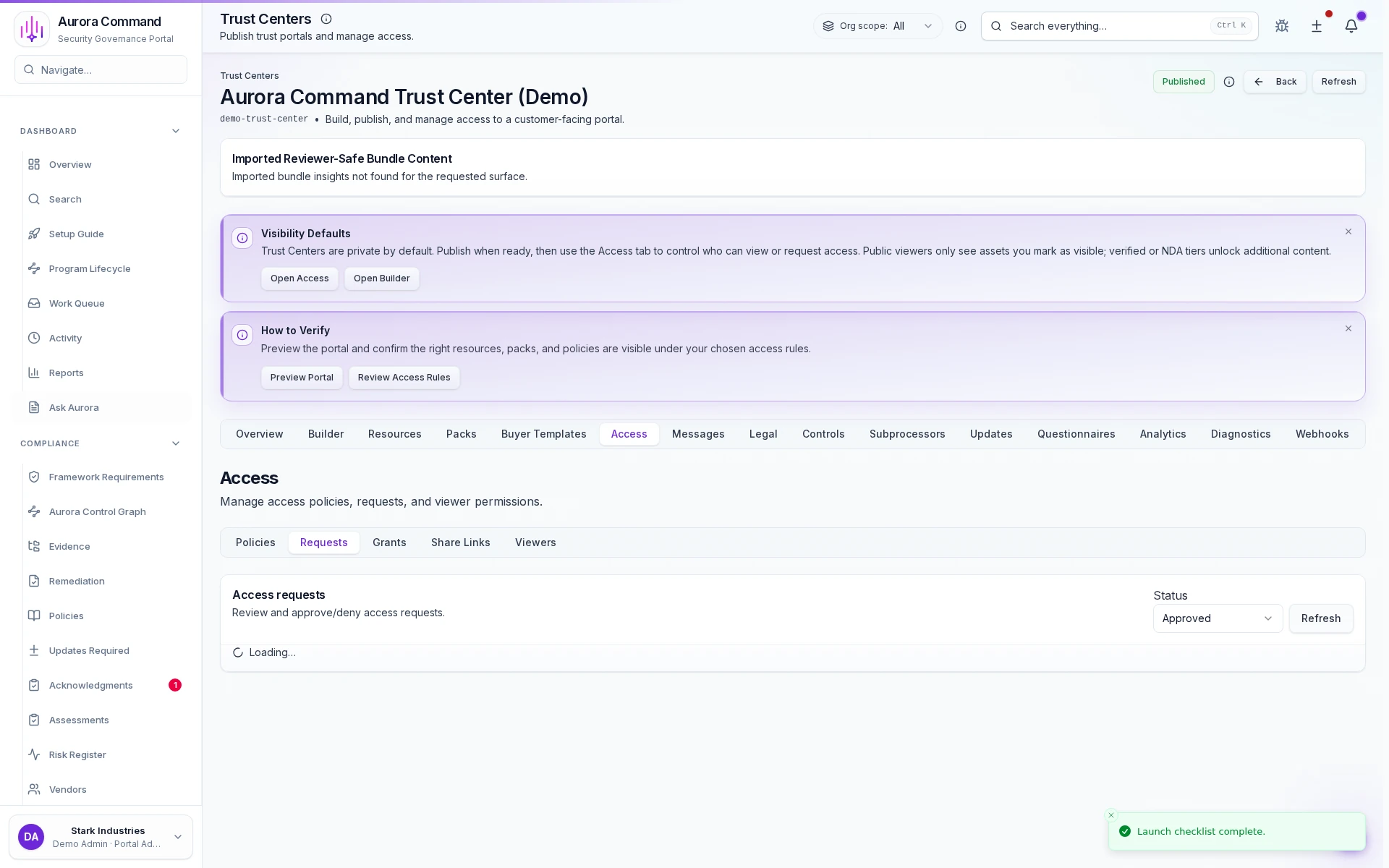 Aurora reviewer access admin view showing scoped reviewer access, document controls, and share settings.