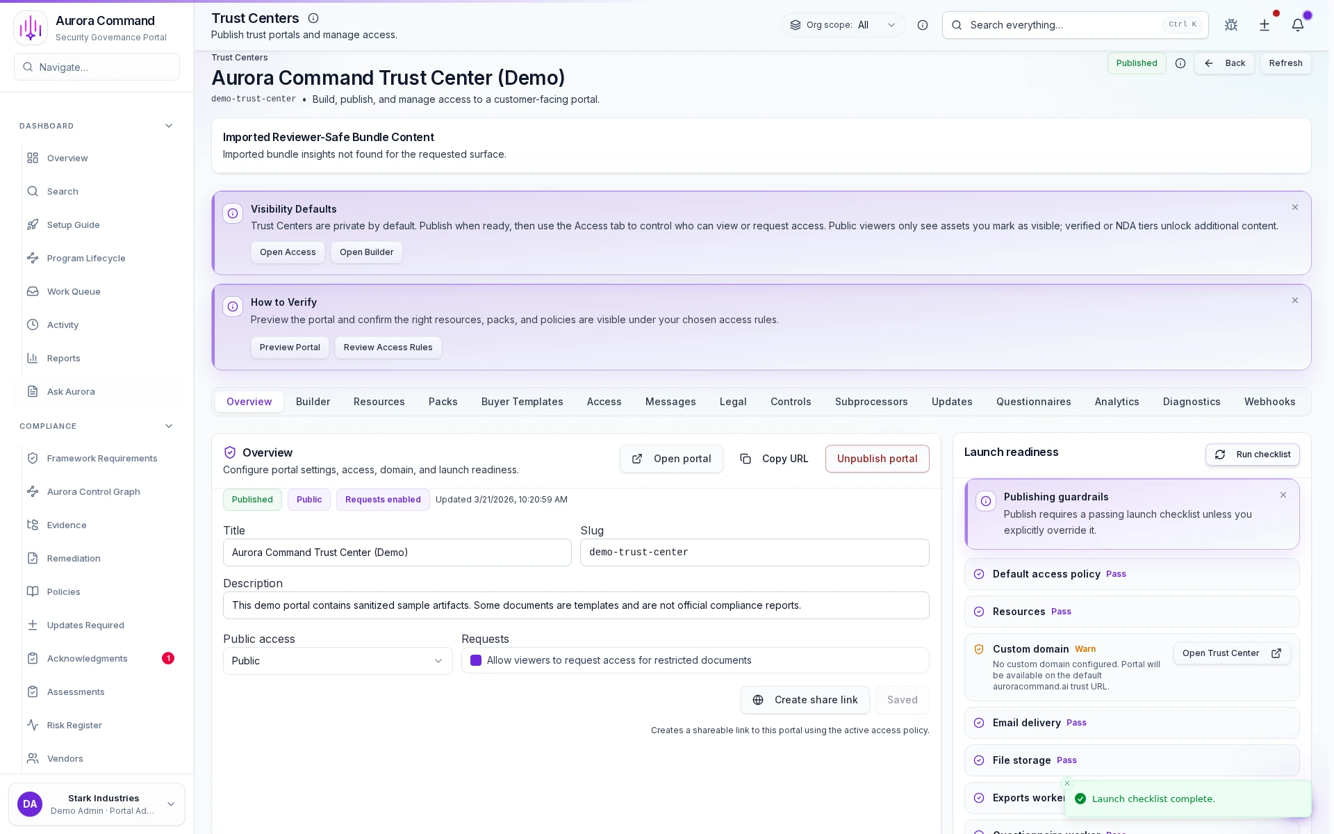 Aurora Trust Center admin showing collections, tier rules, and audit history.